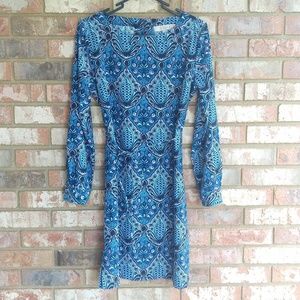 Ann Taylor LOFT Blue Print Shift Tie Waist Dress